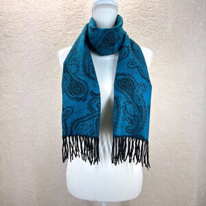 100% Cashmere Scarf Turquoise Black Paisley Print Scotland 63"x12" Winter Casual
